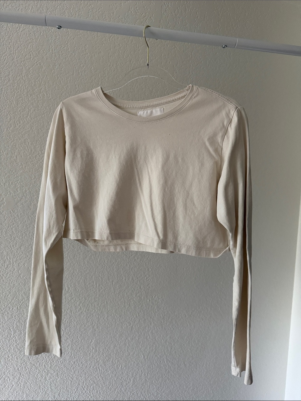 100% Cotton Cropped Long-Sleeve Top - Cream
